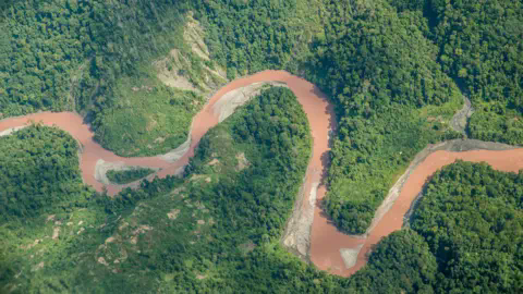 Alamy Aerial view of a river with pink waters caused by gold mining pollution.