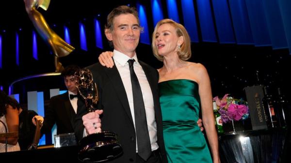 Billy Crudup, left, winner of the award for outstanding supporting actor in a drama series for "The Morning Show", poses for a photo with Naomi Watts during the Governors Ball for the 76th Primetime Emmy Awards on Sunday, Sept. 15, 2024, at the Los Angeles Co<em></em>nvention Center in Los Angeles. (AP Photo/Chris Pizzello)